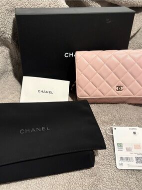CHANEL Pink Quilted Leather Wallet with Chain and CC Logo